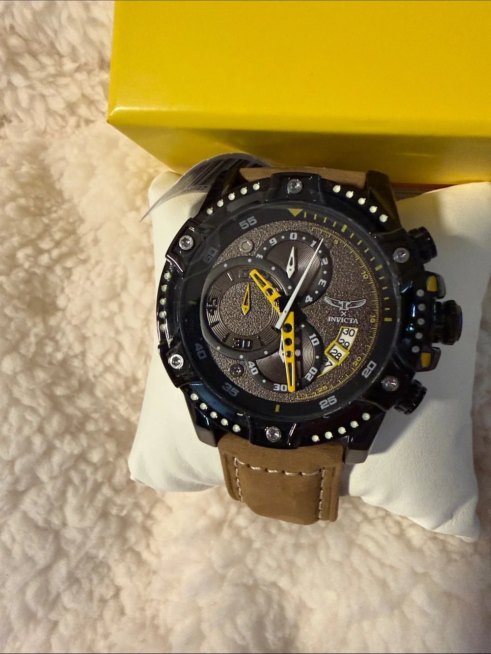 Invicta S1 RallyBlack Dial Chronograph Watch with Brown Strap and Yellow Accents